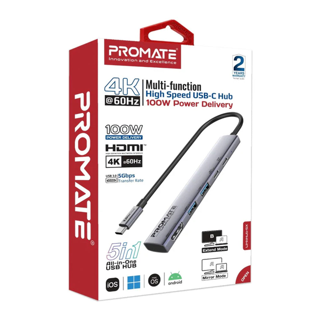 Promate LinkHub-5X - 4K@60Hz Multi-function High-Speed USB-C Hub with 100W Power Delivery