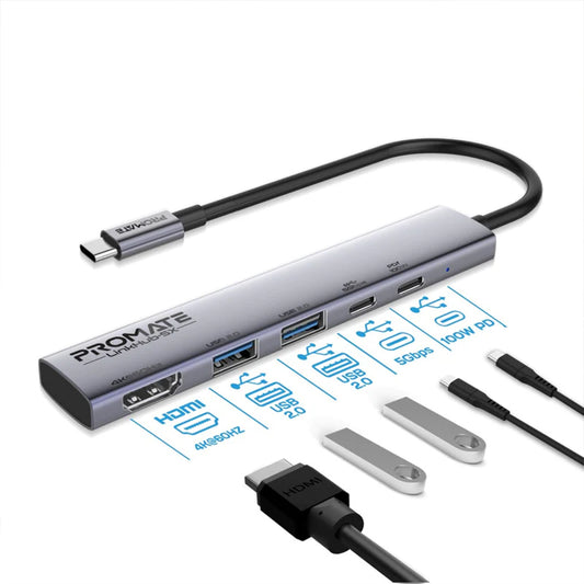 Promate LinkHub-5X - 4K@60Hz Multi-function High-Speed USB-C Hub with 100W Power Delivery