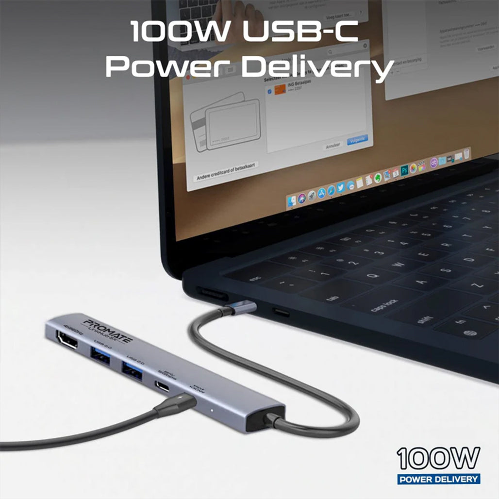 Promate LinkHub-5X - 4K@60Hz Multi-function High-Speed USB-C Hub with 100W Power Delivery