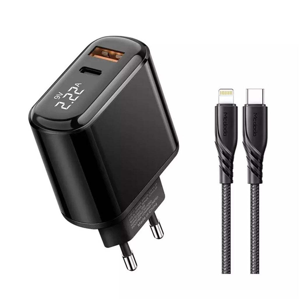 MCDODO 20W Fast Charger Adapter PD 3.0 + QC 3.0 with Digital Display and Type-C to Lightning Cable