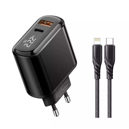 MCDODO 20W Fast Charger Adapter PD 3.0 + QC 3.0 with Digital Display and Type-C to Lightning Cable
