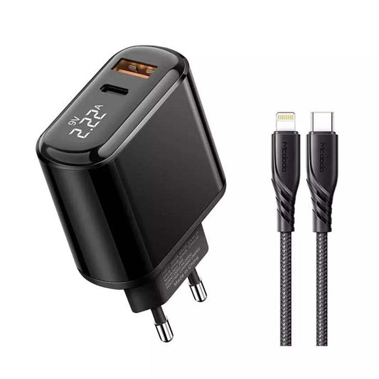 MCDODO 20W Fast Charger Adapter PD 3.0 + QC 3.0 with Digital Display and Type-C to Lightning Cable