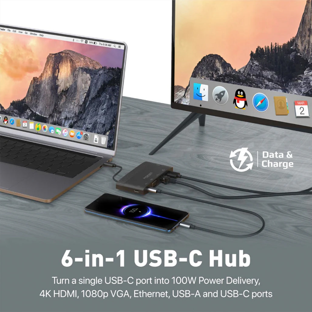 Promate MediaHub-C6 - 6-in-1 Highly Versatile USB-C Media Hub with 100W Power Delivery