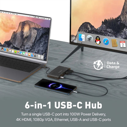 Promate MediaHub-C6 - 6-in-1 Highly Versatile USB-C Media Hub with 100W Power Delivery