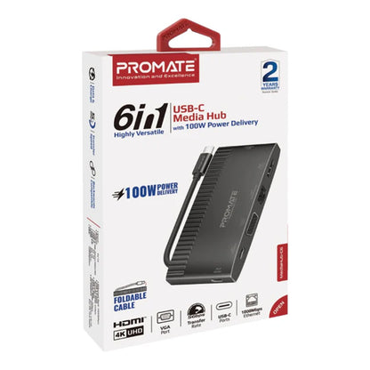 Promate MediaHub-C6 - 6-in-1 Highly Versatile USB-C Media Hub with 100W Power Delivery