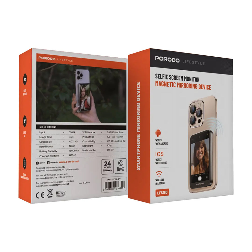 Porodo Lifestyle Selfie Screen Monitor – Magnetic Mirroring Device | 4.02" HD, 180° Rotation