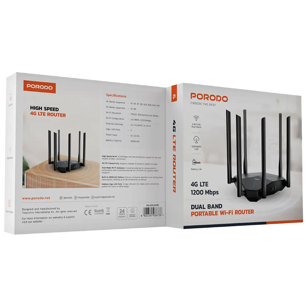 Porodo Dual Band Portable Wi-Fi Router - Black - PDLFST207BK
