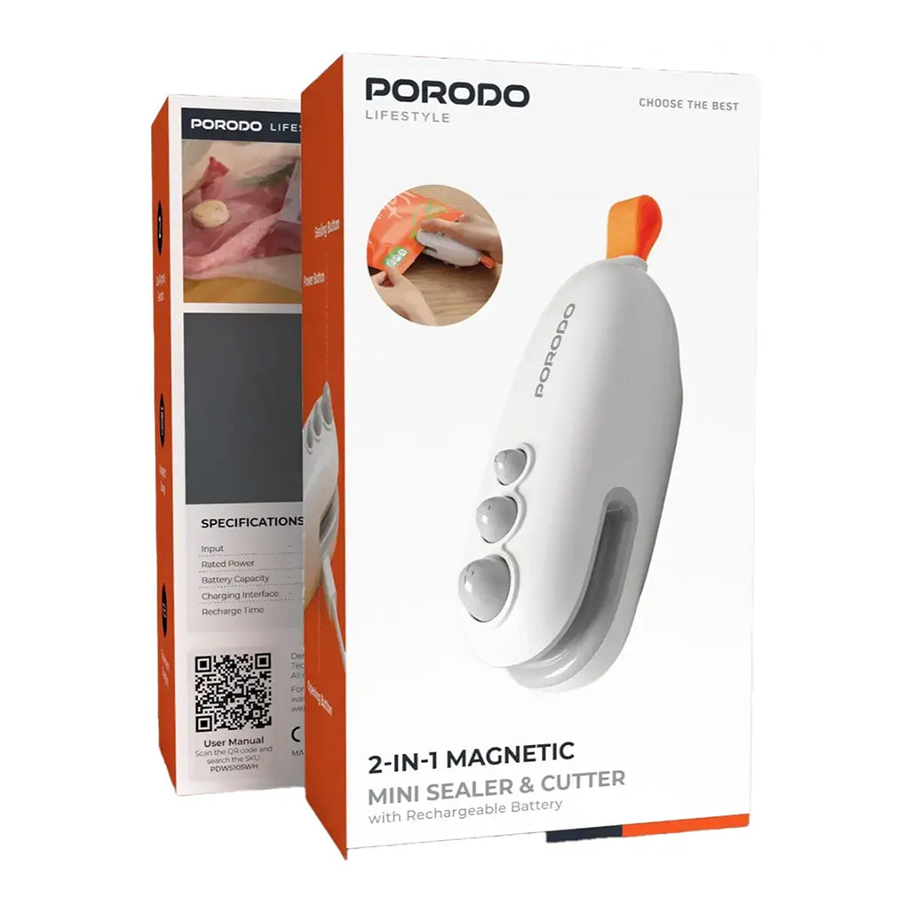 Porodo Lifestyle 2-In-1 Magnetic Mini Sealer & Cutter With Rechargeable Battery - White