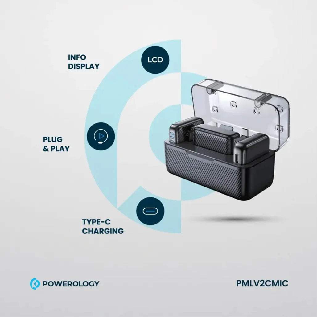 Powerology Wireless Dual Microphone Set Professional Bluetooth 5.2 Lavalier System with AI Noise Reduction & Charging Case 50m Range
