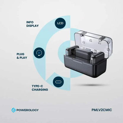 Powerology Wireless Dual Microphone Set Professional Bluetooth 5.2 Lavalier System with AI Noise Reduction & Charging Case 50m Range