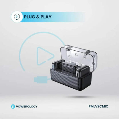 Powerology Wireless Dual Microphone Set Professional Bluetooth 5.2 Lavalier System with AI Noise Reduction & Charging Case 50m Range