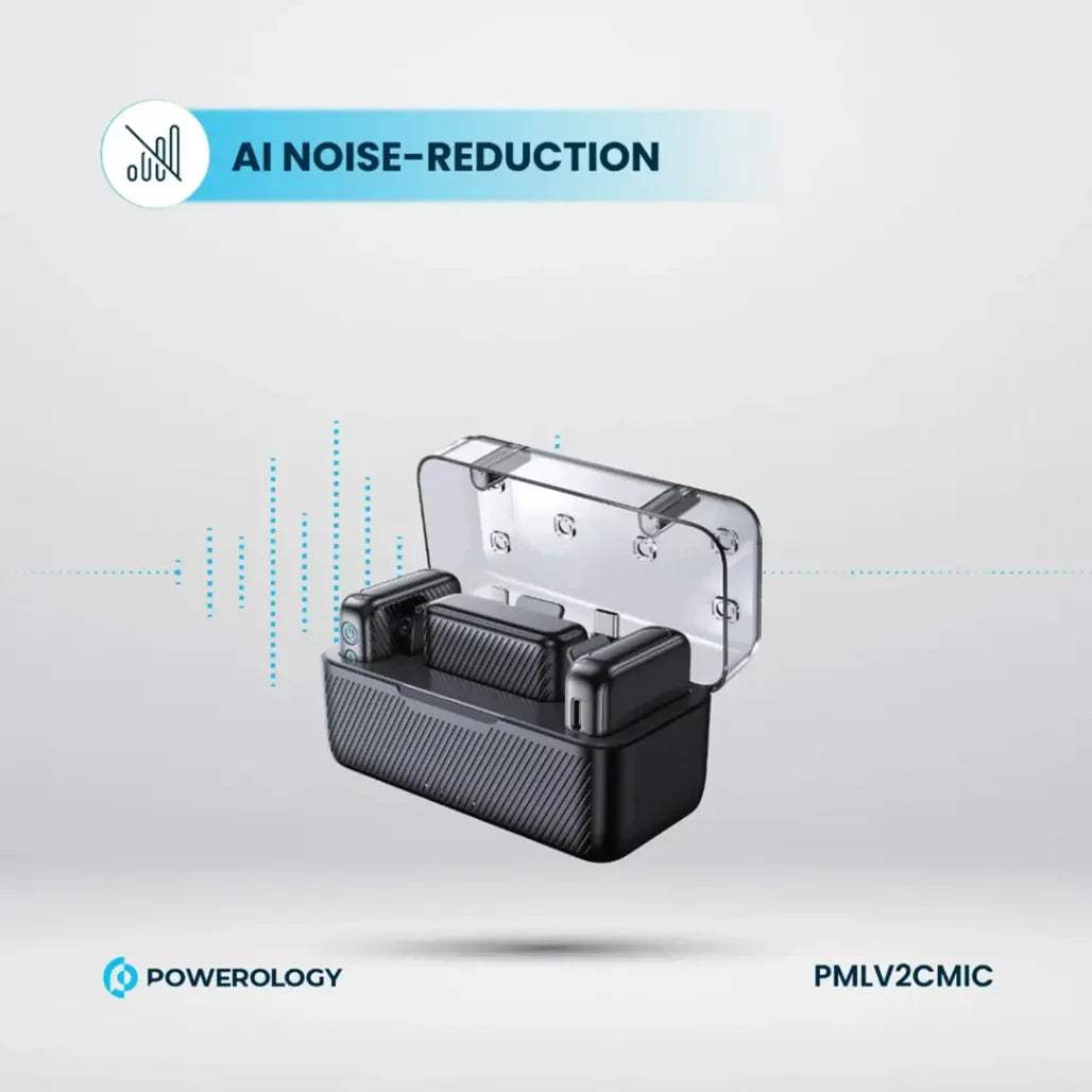 Powerology Wireless Dual Microphone Set Professional Bluetooth 5.2 Lavalier System with AI Noise Reduction & Charging Case 50m Range