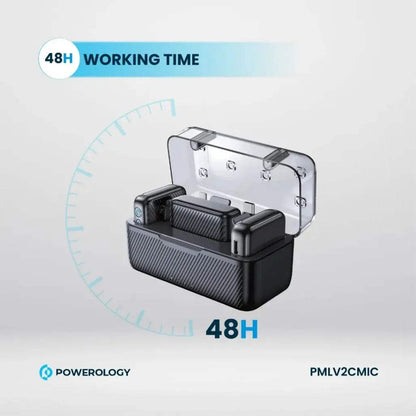 Powerology Wireless Dual Microphone Set Professional Bluetooth 5.2 Lavalier System with AI Noise Reduction & Charging Case 50m Range