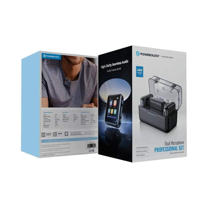 Powerology Wireless Dual Microphone Set Professional Bluetooth 5.2 Lavalier System with AI Noise Reduction & Charging Case 50m Range