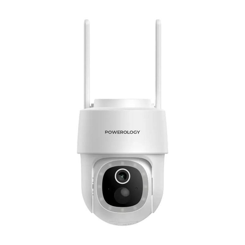 Powerology Built-In Solar Pan & Tilt Outdoor Camera – White | 2304×1269P, Night Vision, Motion Detection
