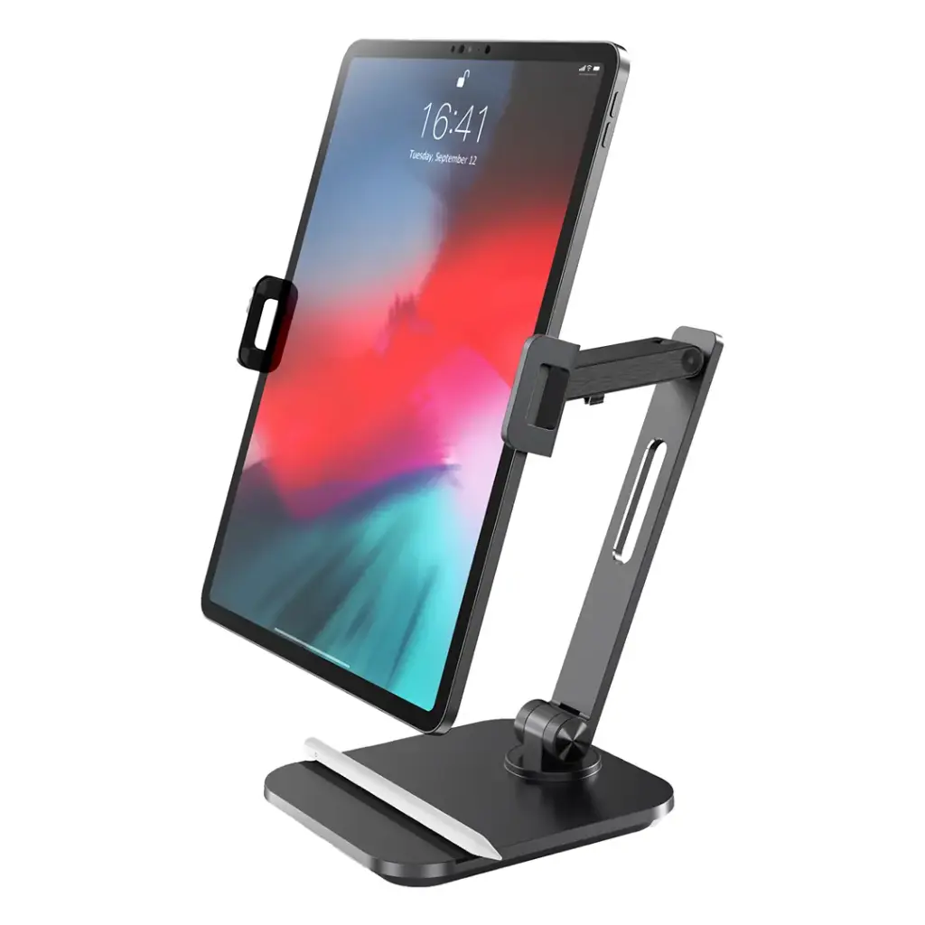 Powerology Smart-Clamp Phone & Tablet Mount – Black | Motorized Grip, 360° Rotation