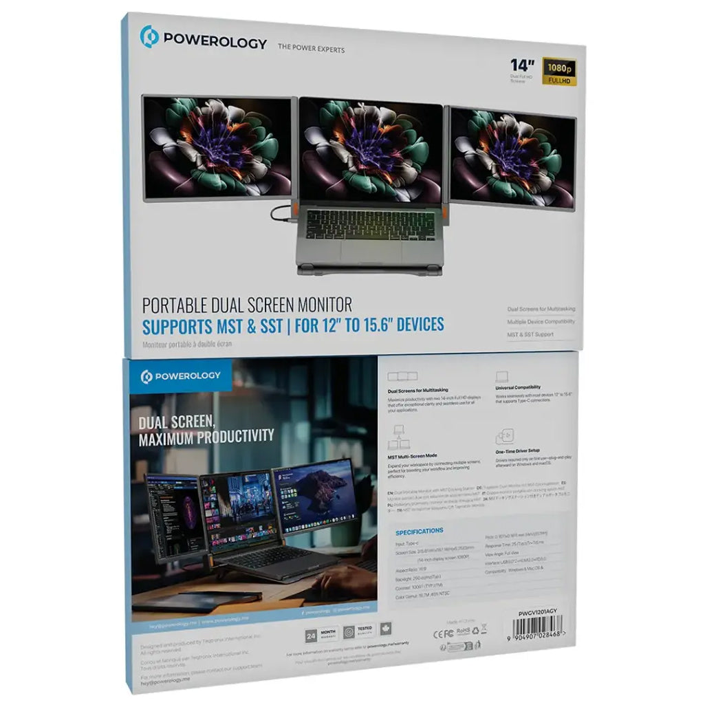 Powerology Portable Dual Screen Monitor – Gray - PWGV1201AGY