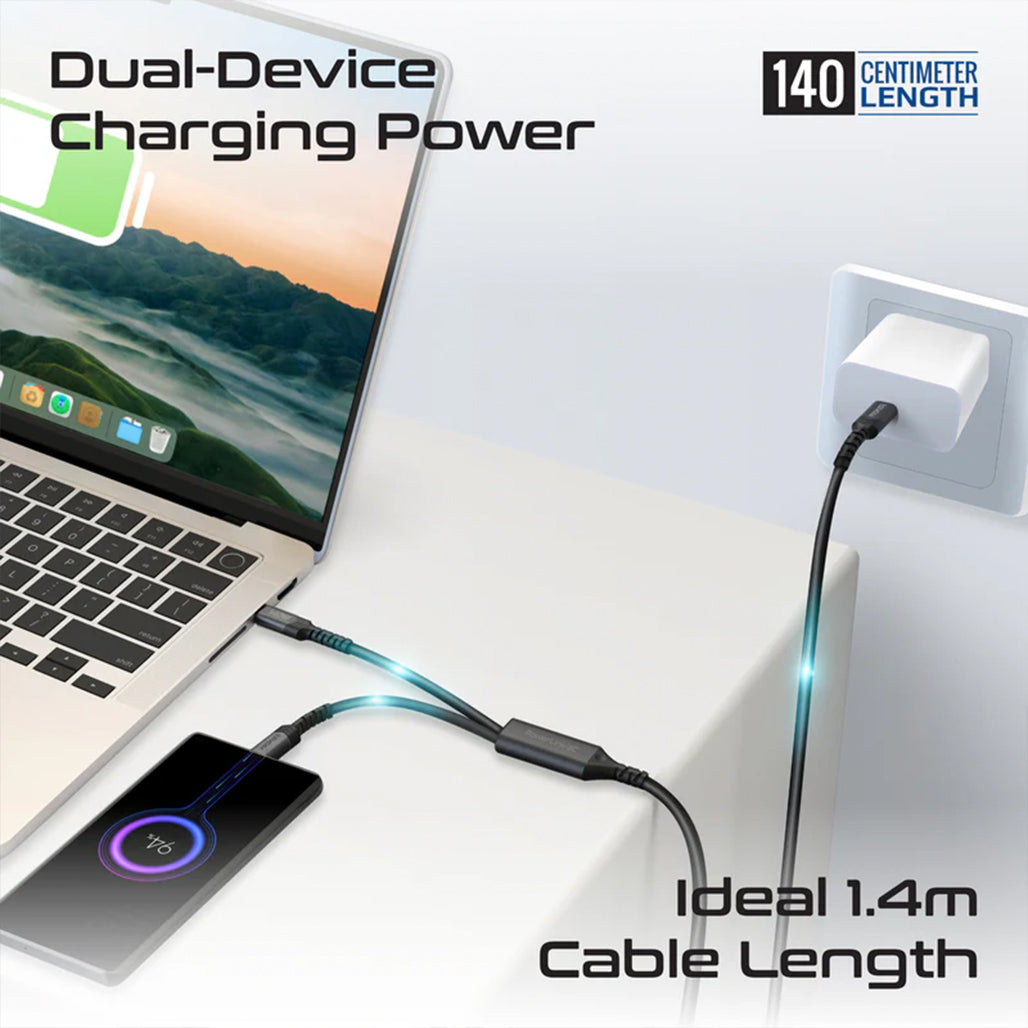 Promate PowerLink-3C - 140W High-Speed Fabric Braided USB-C to Dual USB-C Charging Cable