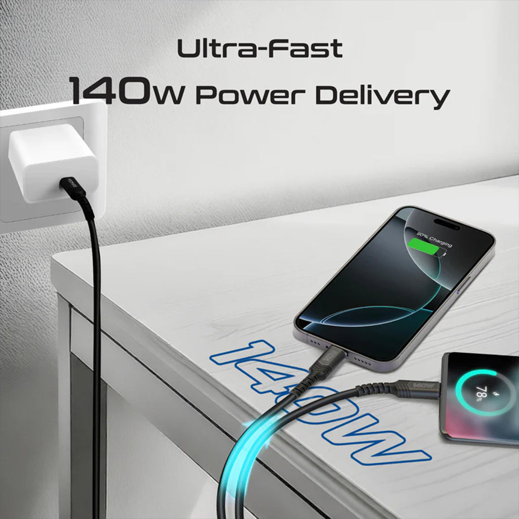 Promate PowerLink-3C - 140W High-Speed Fabric Braided USB-C to Dual USB-C Charging Cable