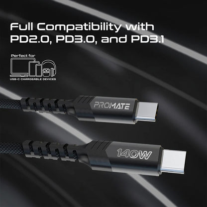 Promate PowerLink-3C - 140W High-Speed Fabric Braided USB-C to Dual USB-C Charging Cable