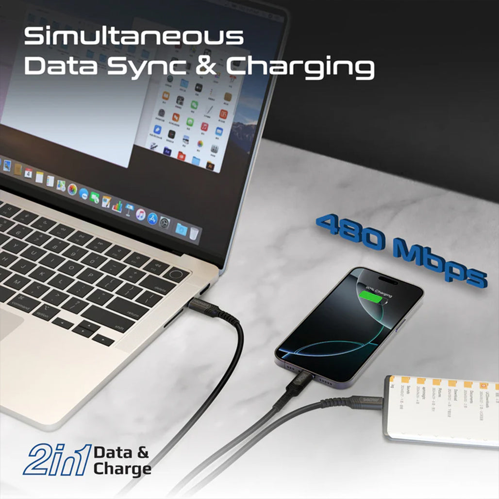 Promate PowerLink-3C - 140W High-Speed Fabric Braided USB-C to Dual USB-C Charging Cable