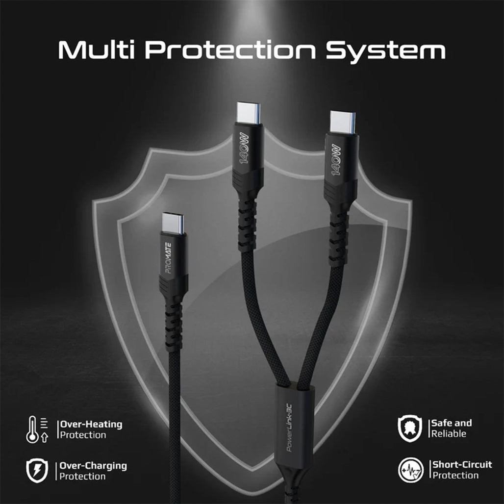 Promate PowerLink-3C - 140W High-Speed Fabric Braided USB-C to Dual USB-C Charging Cable