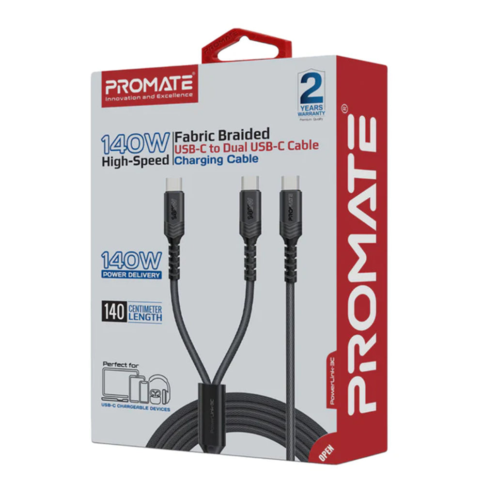 Promate PowerLink-3C - 140W High-Speed Fabric Braided USB-C to Dual USB-C Charging Cable