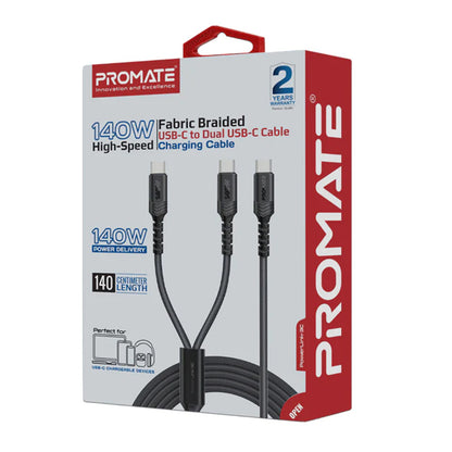 Promate PowerLink-3C - 140W High-Speed Fabric Braided USB-C to Dual USB-C Charging Cable