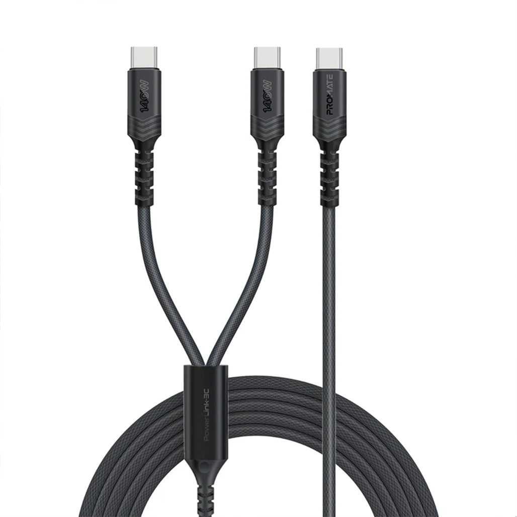 Promate PowerLink-3C - 140W High-Speed Fabric Braided USB-C to Dual USB-C Charging Cable