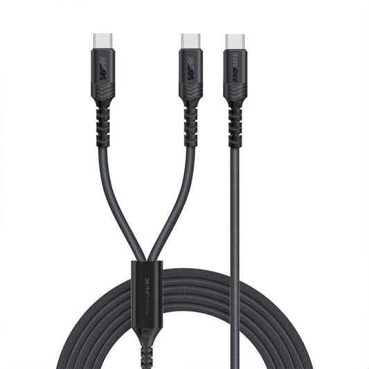 Promate PowerLink-3C - 140W High-Speed Fabric Braided USB-C to Dual USB-C Charging Cable