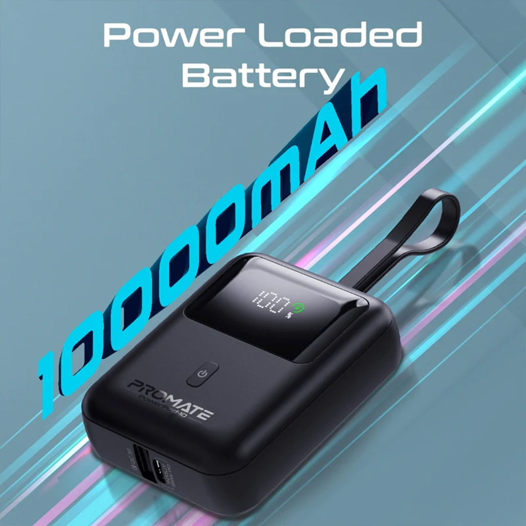 Promate PowerPod-10 - Ultra Compact 35W SuperSpeed™ Power Bank with Built-In USB-C Cable