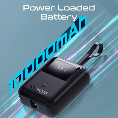 Promate PowerPod-10 - Ultra Compact 35W SuperSpeed™ Power Bank with Built-In USB-C Cable