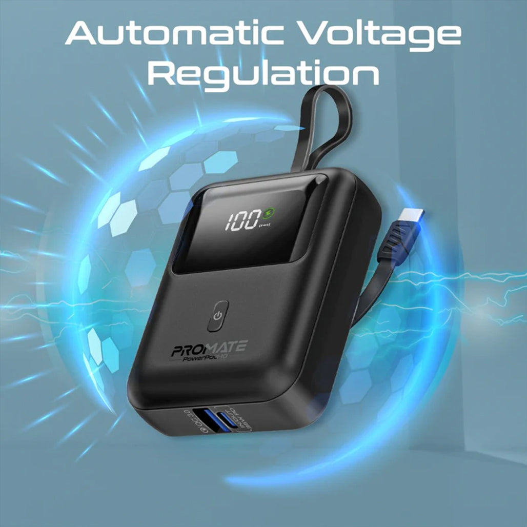 Promate PowerPod-10 - Ultra Compact 35W SuperSpeed™ Power Bank with Built-In USB-C Cable