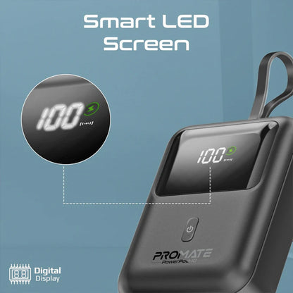 Promate PowerPod-10 - Ultra Compact 35W SuperSpeed™ Power Bank with Built-In USB-C Cable