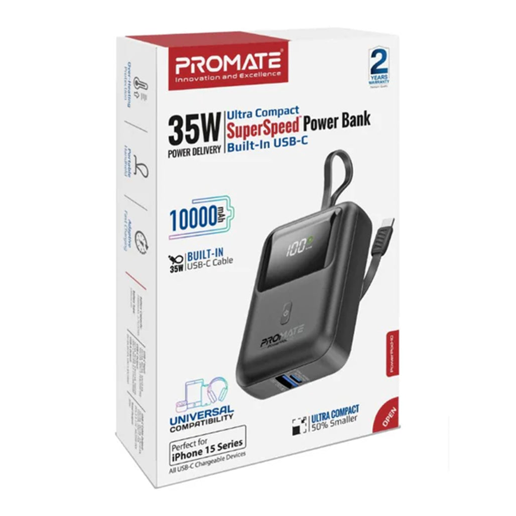 Promate PowerPod-10 - Ultra Compact 35W SuperSpeed™ Power Bank with Built-In USB-C Cable