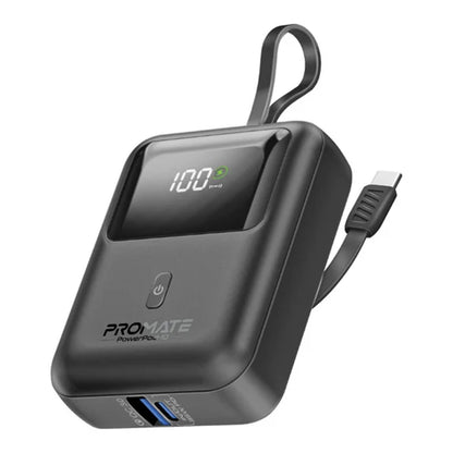 Promate PowerPod-10 - Ultra Compact 35W SuperSpeed™ Power Bank with Built-In USB-C Cable