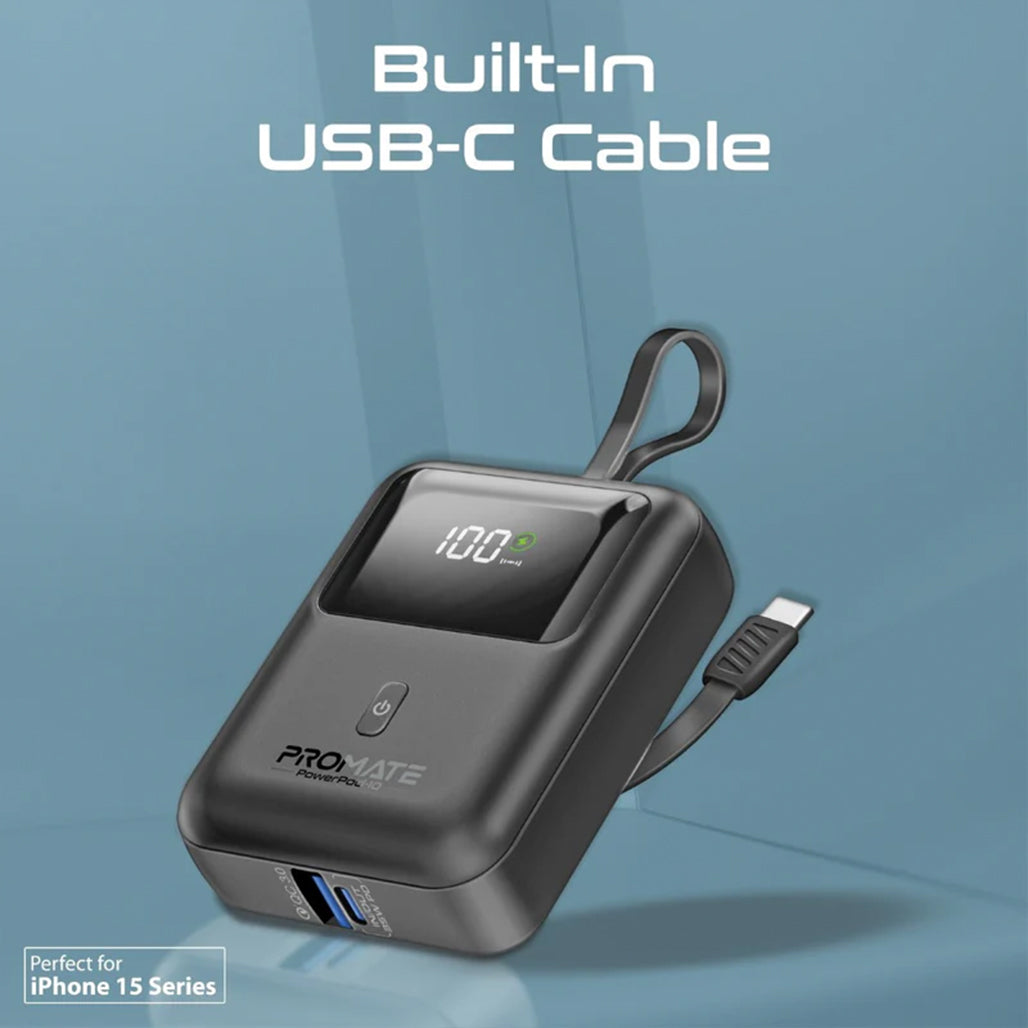 Promate PowerPod-10 - Ultra Compact 35W SuperSpeed™ Power Bank with Built-In USB-C Cable