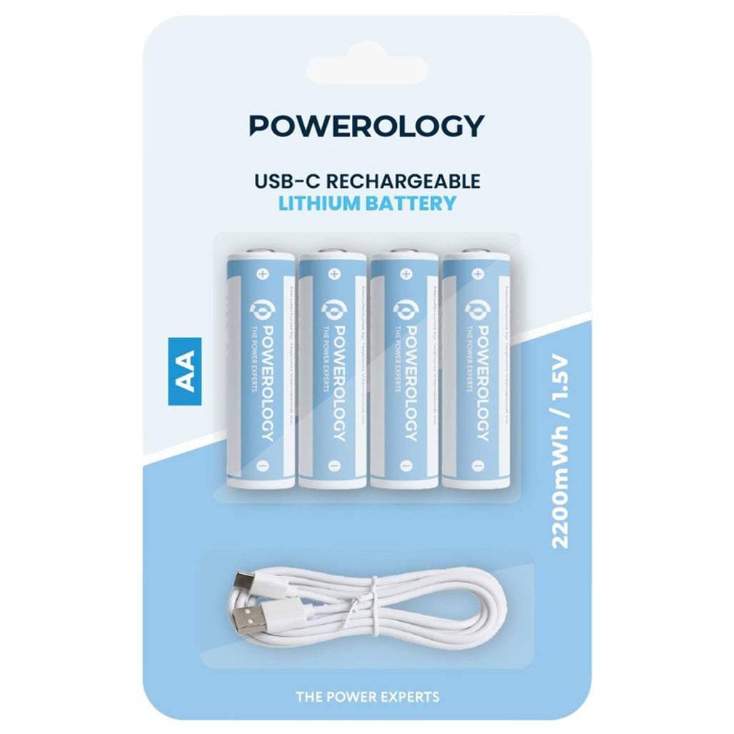 Powerology 1.5V Type-C Rechargeable AA Lithium-Ion Batteries (4-Pack, 2200mWh)