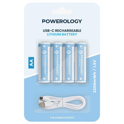 Powerology 1.5V Type-C Rechargeable AA Lithium-Ion Batteries (4-Pack, 2200mWh)