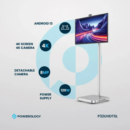 Powerology Android 32” UHD Tablet with Stand – 4K Display, Android 13, 8GB+128GB