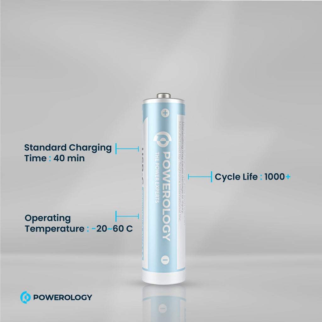 Powerology 1.5V Type-C Rechargeable AA Lithium-Ion Batteries (4-Pack, 2200mWh)