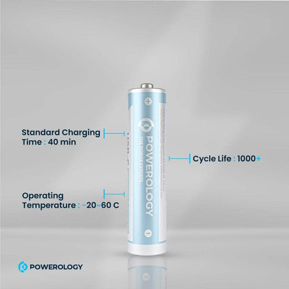 Powerology 1.5V Type-C Rechargeable AA Lithium-Ion Batteries (4-Pack, 2200mWh)
