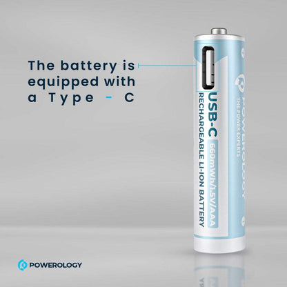 Powerology 1.5V Type-C Rechargeable AA Lithium-Ion Batteries (4-Pack, 2200mWh)