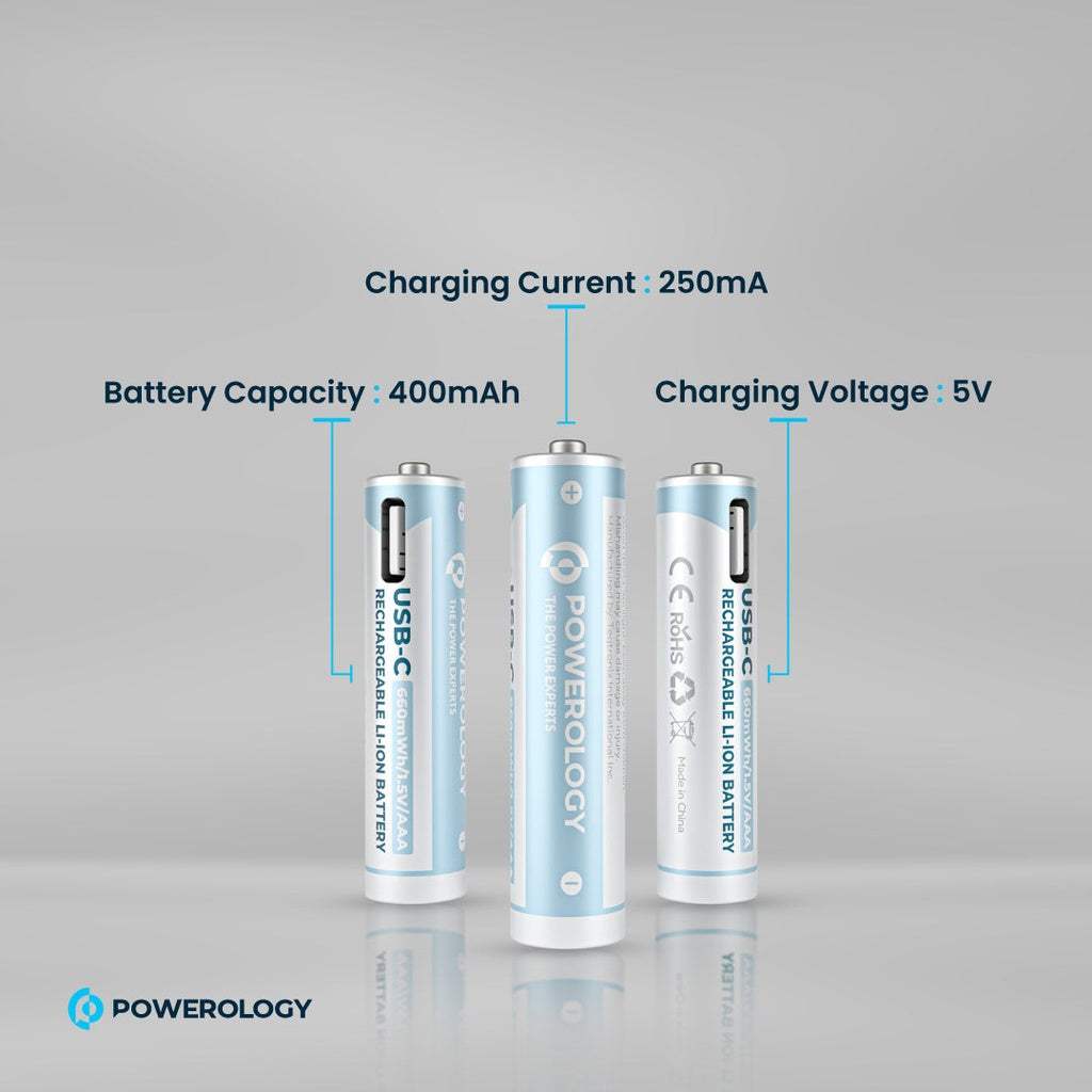 Powerology 1.5V Type-C Rechargeable AA Lithium-Ion Batteries (4-Pack, 2200mWh)