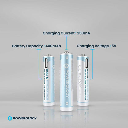 Powerology 1.5V Type-C Rechargeable AA Lithium-Ion Batteries (4-Pack, 2200mWh)