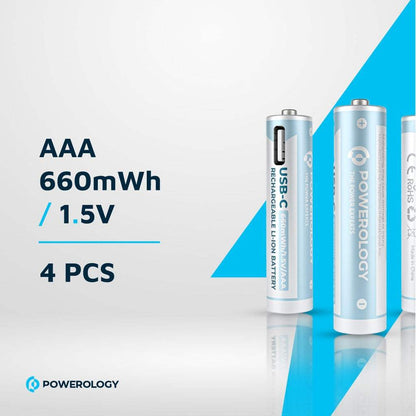 Powerology 1.5V Type-C Rechargeable AA Lithium-Ion Batteries (4-Pack, 2200mWh)