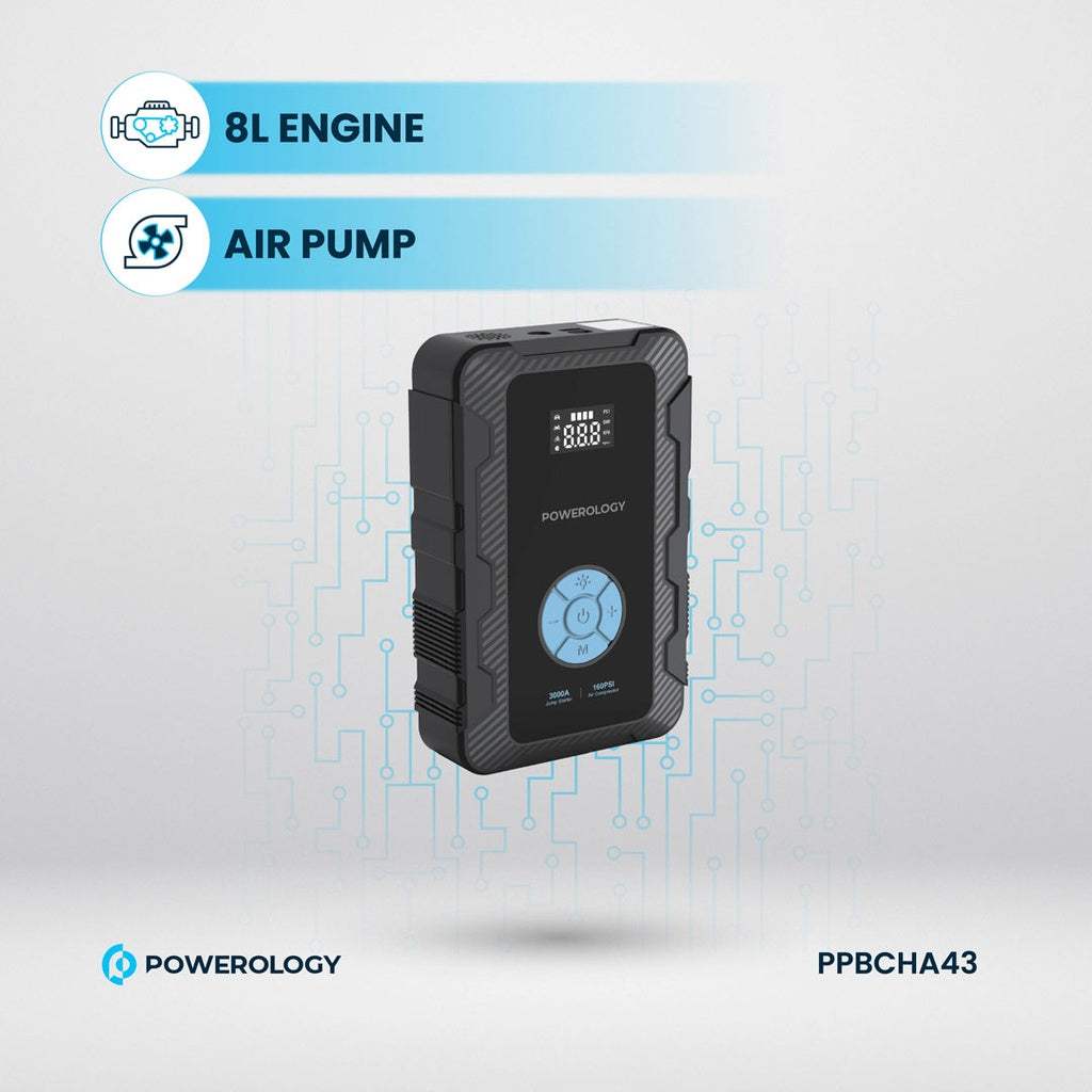 Powerology Jumpstart with Air Pump PD45W 3000A Max Current 20000mAh 160Psi