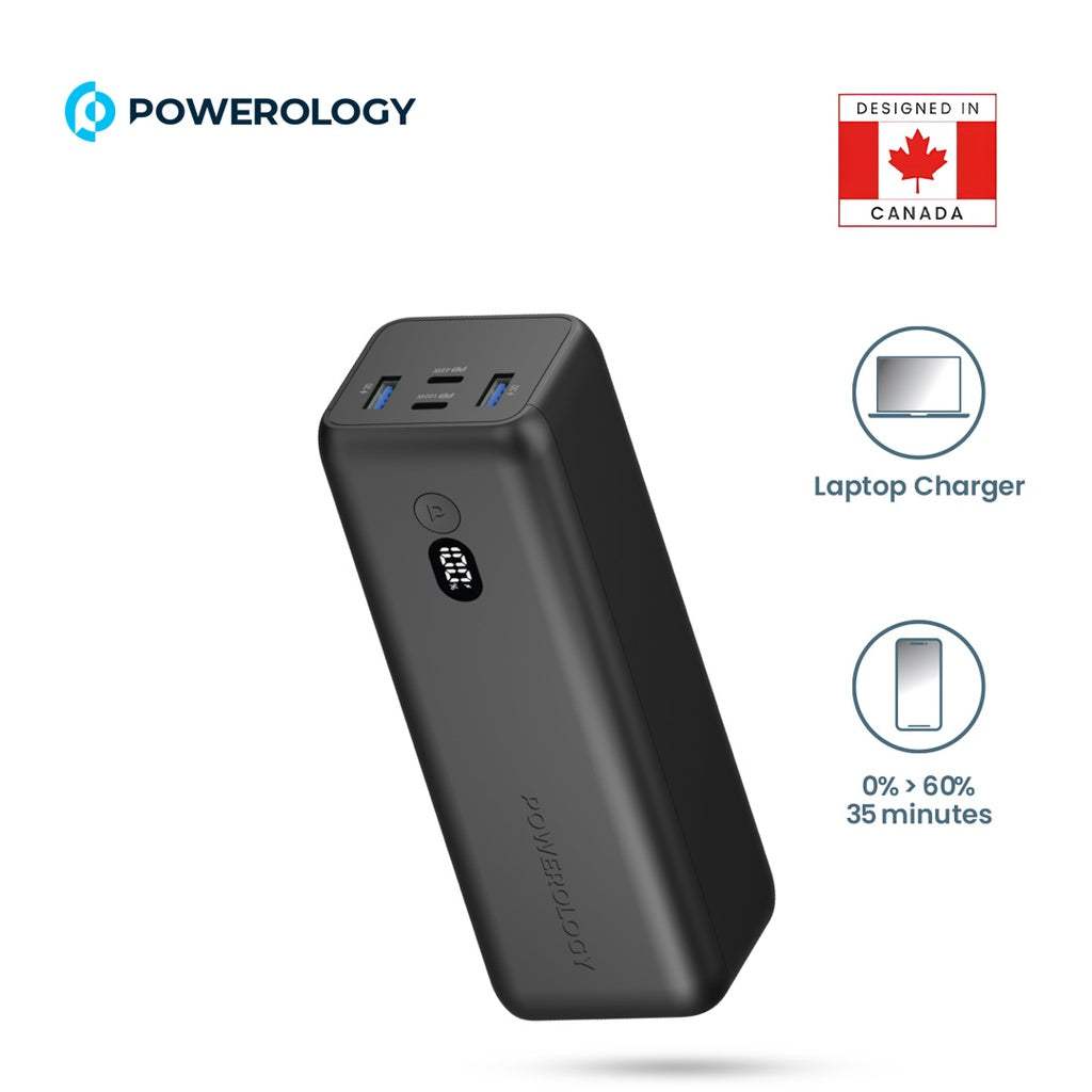 Powerology Onyx 30000mAh Dual USB-C Laptop Power Bank – 110W PD Fast Charging
