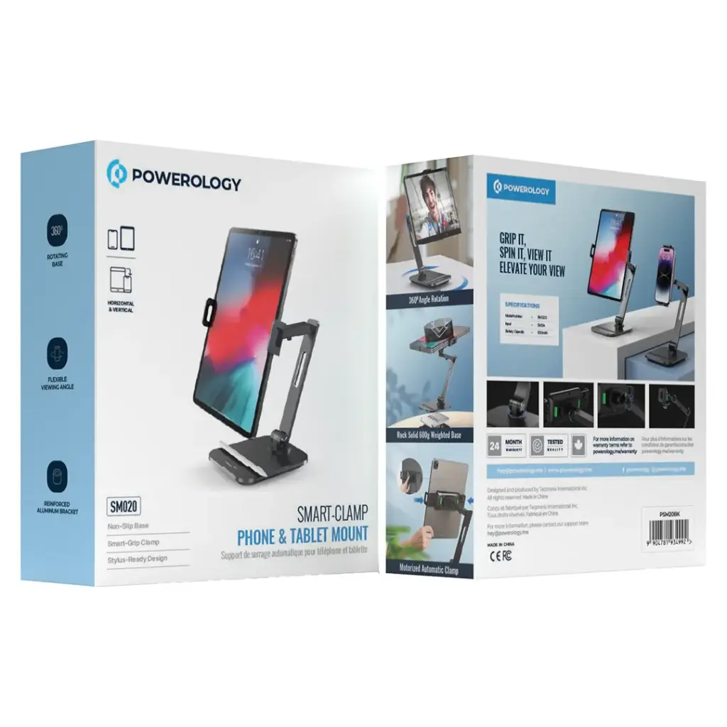 Powerology Smart-Clamp Phone & Tablet Mount – Black | Motorized Grip, 360° Rotation