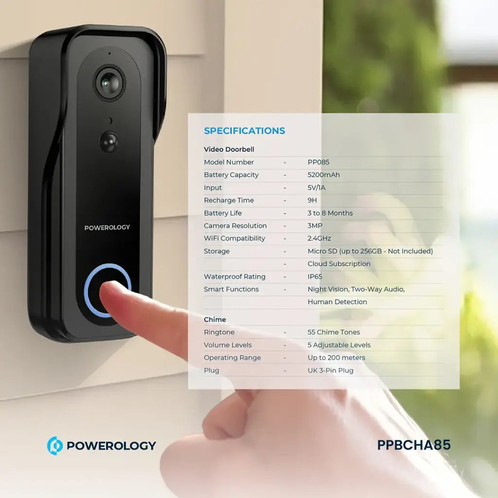 Powerology Smart Doorbell Camera – Black | 3MP, Night Vision, Two-Way Audio